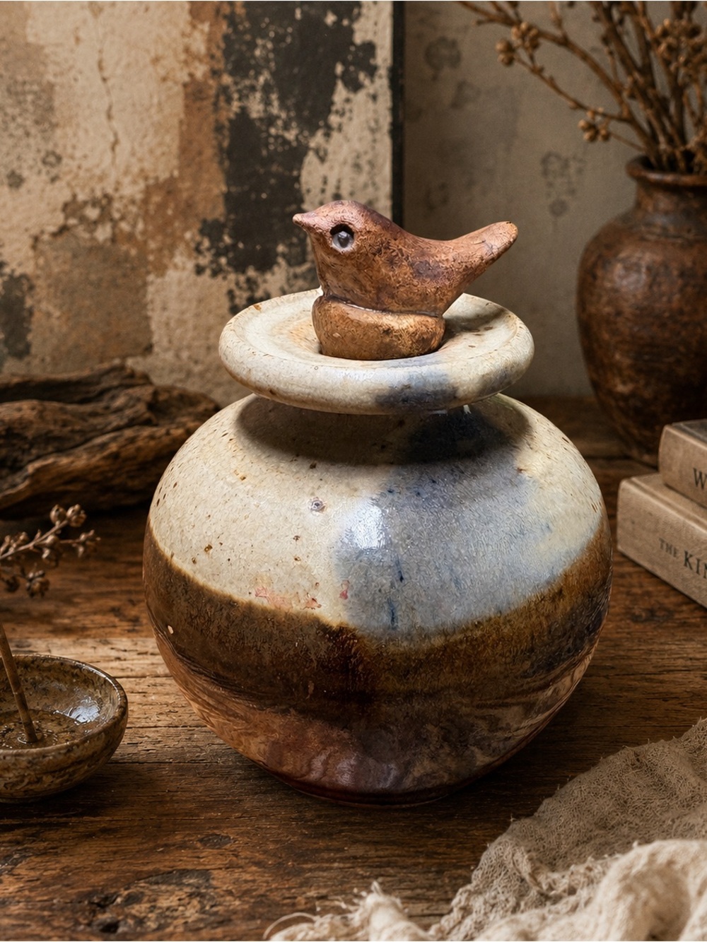 Vintage Rob Grimes Studio Pottery Incense Holder Jar w/ Bird Lid Rustic Boho 70s
